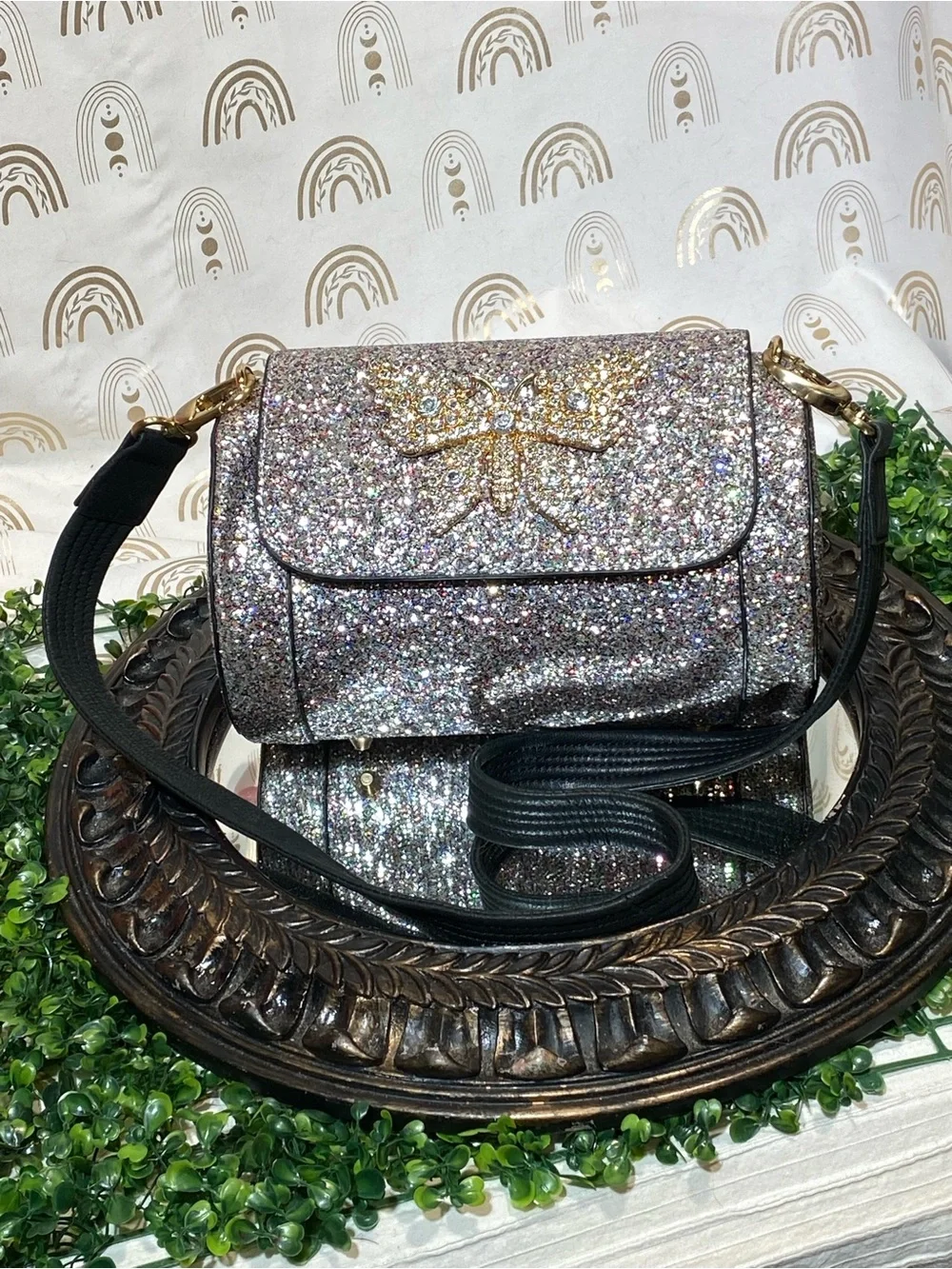 Silver Glitter Bow Crossbody Bag with Black Strap